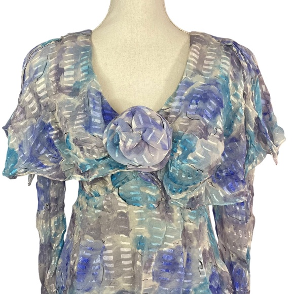100% Silk Layered Dress S Vintage Long Sleeve Rosette Flowy V-Neck Blue Gray - Picture 2 of 11